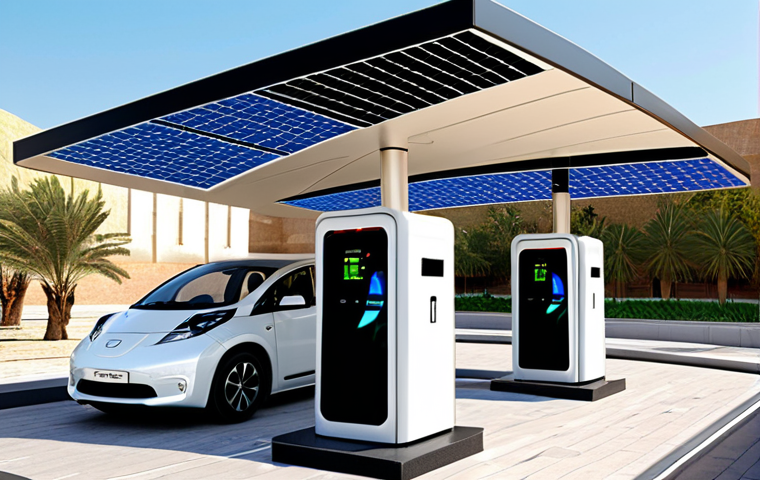 **Prompt 1: The Futuristic Green Charging Oasis**
"An ultra-modern, spacious electric vehicle (EV) charging station in a vibrant, sun-drenched Middle Eastern city. The station design incorporates large, elegant solar panel canopies that provide shade and generate clean energy. Several diverse EVs are charging, and the charging bays feature sleek, easy-to-use interfaces. Adjacent to the charging area, there's a comfortable, inviting lounge or a contemporary café with subtle Arabic design elements, where people are relaxed, enjoying amenities like Wi-Fi or coffee. Digital screens display live charging status and smart energy flow, hinting at V2G capabilities. The overall atmosphere is one of seamless convenience, advanced technology, and environmental responsibility, reflecting a user-centric and sustainable future for EV charging."