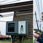 **Prompt:** A visually dynamic split image. On the left side, an aged, traditional electrical grid with thick, tangled power lines, a large, clunky analog meter attached to an old building, and a utility worker manually writing down readings under a dull sky, conveying limited visibility and inefficiency. On the right side, a sleek, modern smart grid with organized, futuristic power lines, a contemporary home featuring rooftop solar panels, and a digital smart meter displaying real-time data. Data streams glow with light, connecting various elements. A professional, fully clothed female engineer in a modest business suit stands nearby, interacting with a holographic interface that visualizes efficient energy flow. The overall scene transitions from a muted, cluttered feel to a vibrant, interconnected, and clean aesthetic. Professional photography, high resolution, detailed infrastructure, perfect anatomy, correct proportions, natural pose, well-formed hands, proper finger count, natural body proportions, safe for work, appropriate content, fully clothed, professional dress, modest attire, family-friendly.