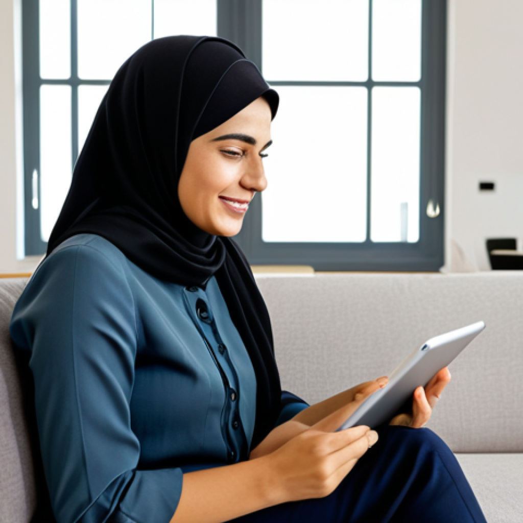 A professional Arab woman, fully clothed in modest business casual attire, sitting comfortably on a sofa in a modern, bright living room. She is holding a tablet, her face illuminated by the screen, which displays a clear, colorful graph of home energy consumption data over time. A subtle smart plug is visible in a wall outlet connected to a decorative lamp. Her expression is thoughtful and slightly pleased, indicating a realization of energy savings. The room is well-lit with natural light, creating a calm and inviting atmosphere. Professional photography, high resolution, soft lighting, perfect anatomy, correct proportions, natural pose, well-formed hands, proper finger count, safe for work, appropriate content, family-friendly.