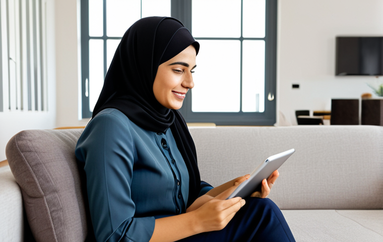 A professional Arab woman, fully clothed in modest business casual attire, sitting comfortably on a sofa in a modern, bright living room. She is holding a tablet, her face illuminated by the screen, which displays a clear, colorful graph of home energy consumption data over time. A subtle smart plug is visible in a wall outlet connected to a decorative lamp. Her expression is thoughtful and slightly pleased, indicating a realization of energy savings. The room is well-lit with natural light, creating a calm and inviting atmosphere. Professional photography, high resolution, soft lighting, perfect anatomy, correct proportions, natural pose, well-formed hands, proper finger count, safe for work, appropriate content, family-friendly.
