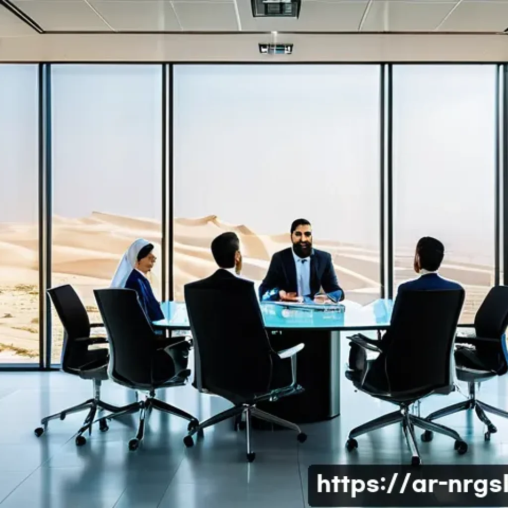 에너지 관리 최적화를 위한 리스크 관리 - A modern corporate office in a Middle Eastern city, with Arabic signage visible through large glass ...