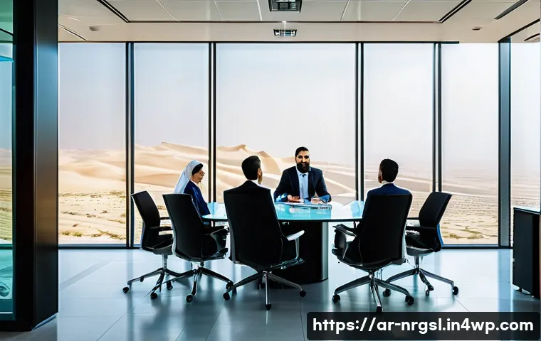 에너지 관리 최적화를 위한 리스크 관리 - A modern corporate office in a Middle Eastern city, with Arabic signage visible through large glass ...