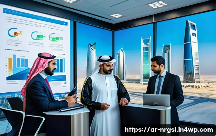 에너지 관리 최적화의 법적 요구사항 - A modern corporate office in Riyadh with a diverse team of professionals reviewing detailed digital ...