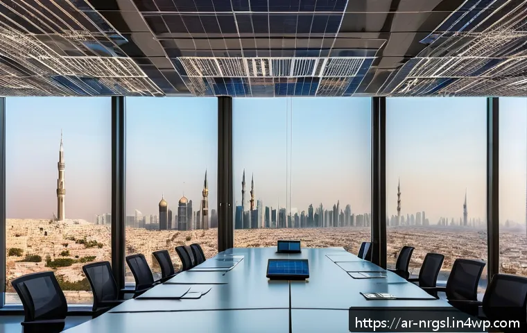 기업의 에너지 관리 정책 수립 가이드 - A modern Middle Eastern corporate office interior during daytime, showcasing smart energy management...